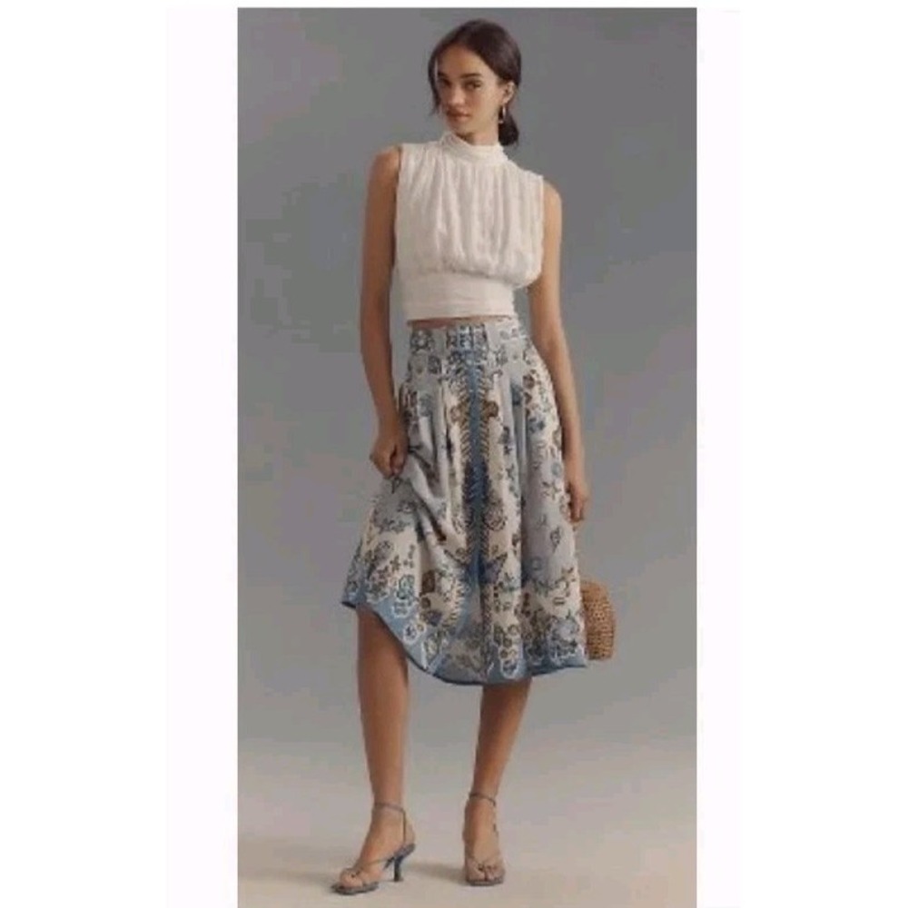 Anthropologie Ranna Gill Seashell A-Line Belted Skirt Linen Blend NWOT XS $148